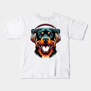 Smiling Rottweiler DJ Radiates Joy in Japanese Art Kids T-Shirt